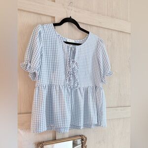 Chic Blue Checkered Ruffle Sleeve Blouse
